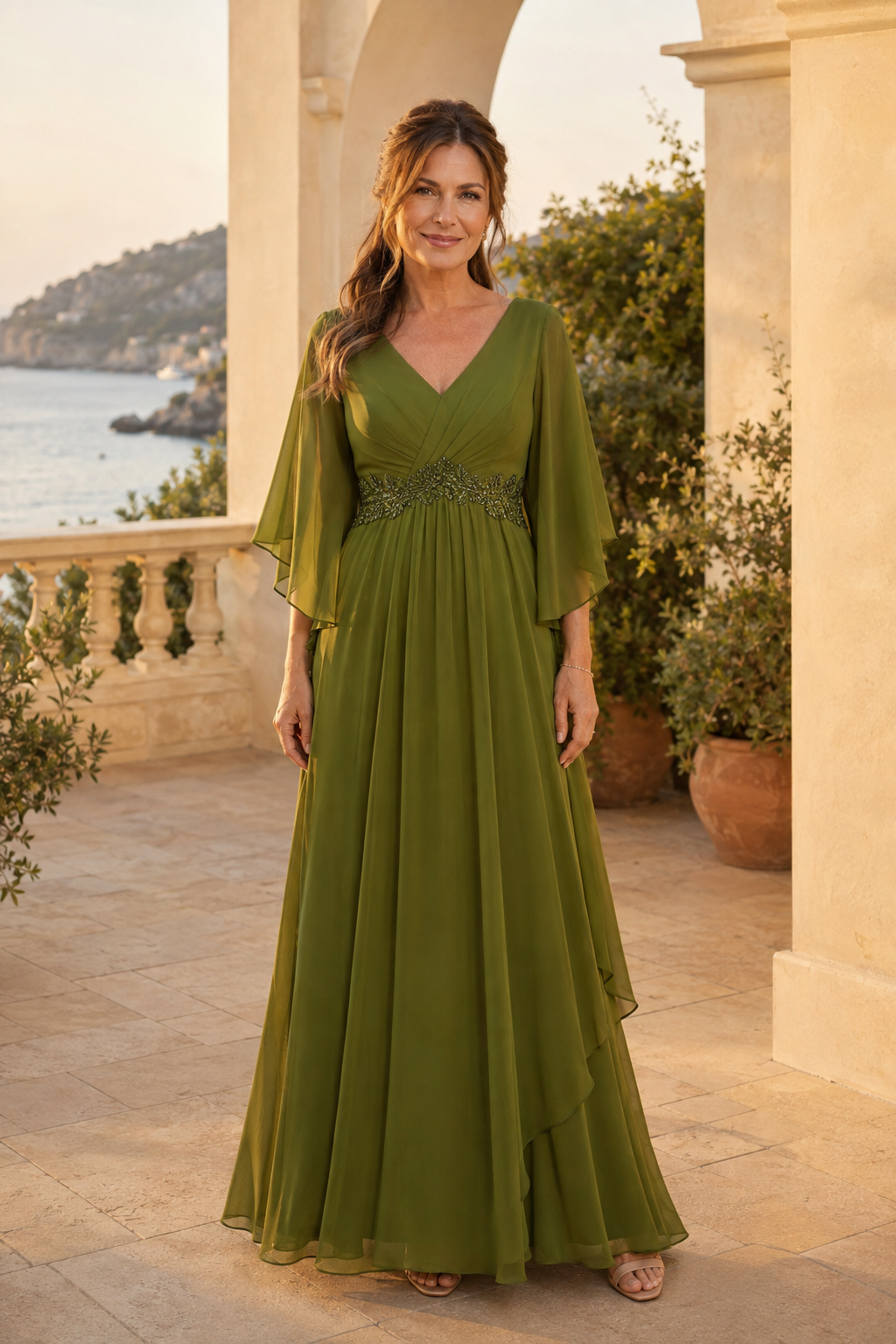 Vestido de noche acampanado con escote en V, mangas con volantes y cintura de cuentas