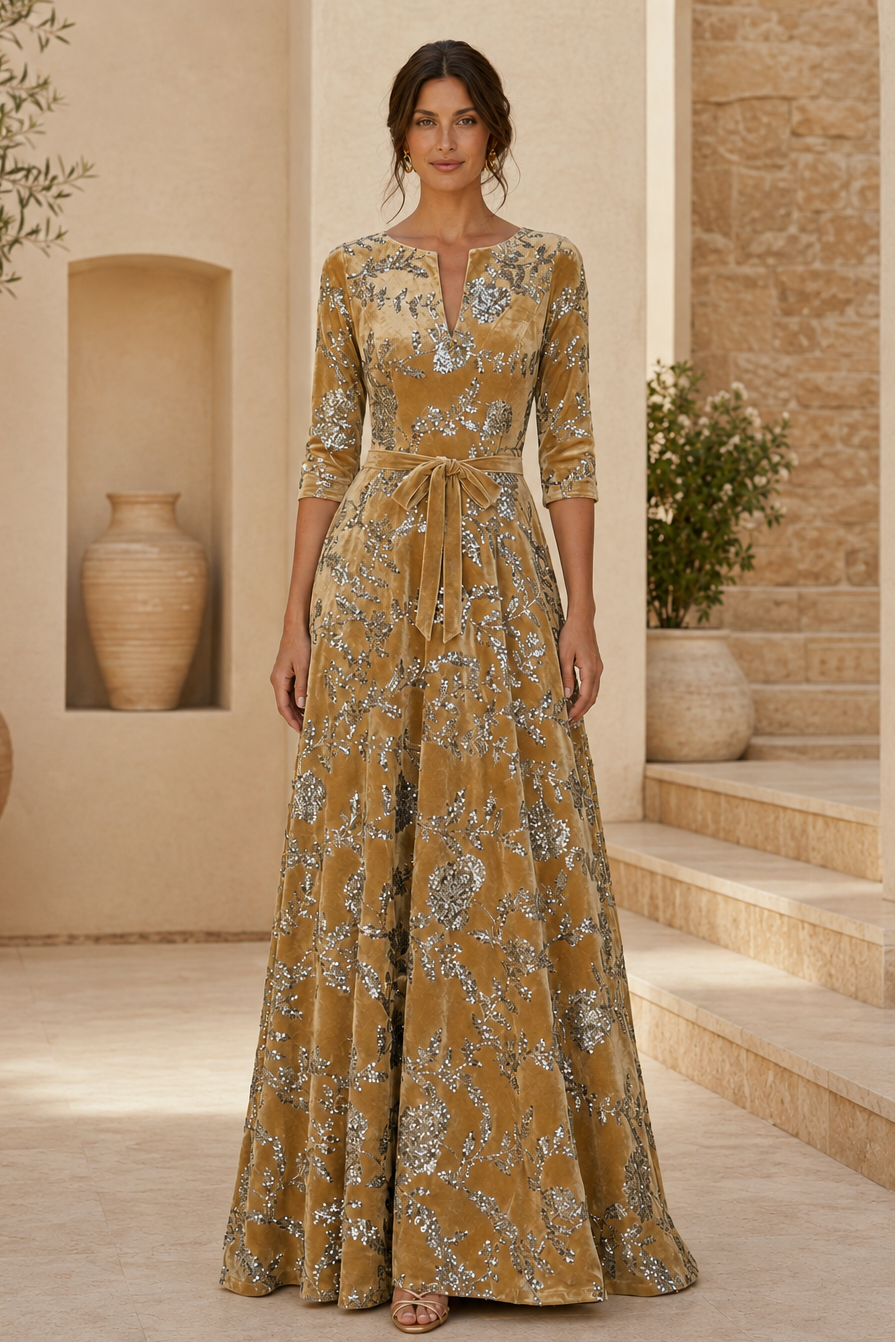 Vestido de noche de terciopelo con lentejuelas florales y corte en A