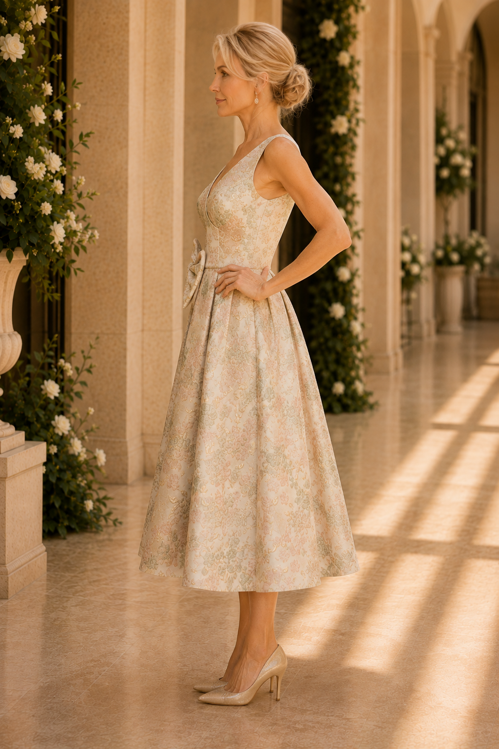 Vestido de largo midi con escote de pico, jacquard floral y lazo
