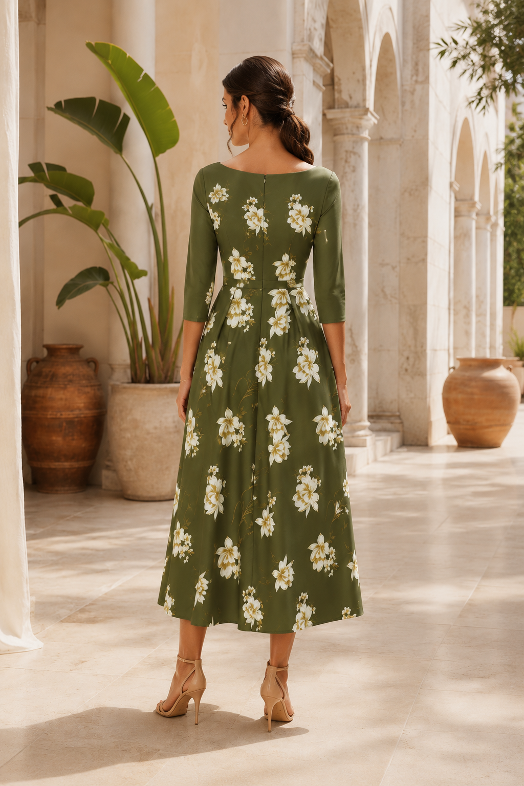 Vestido Midi con Estampado Floral, Cuello Barco y Corte Evasé
