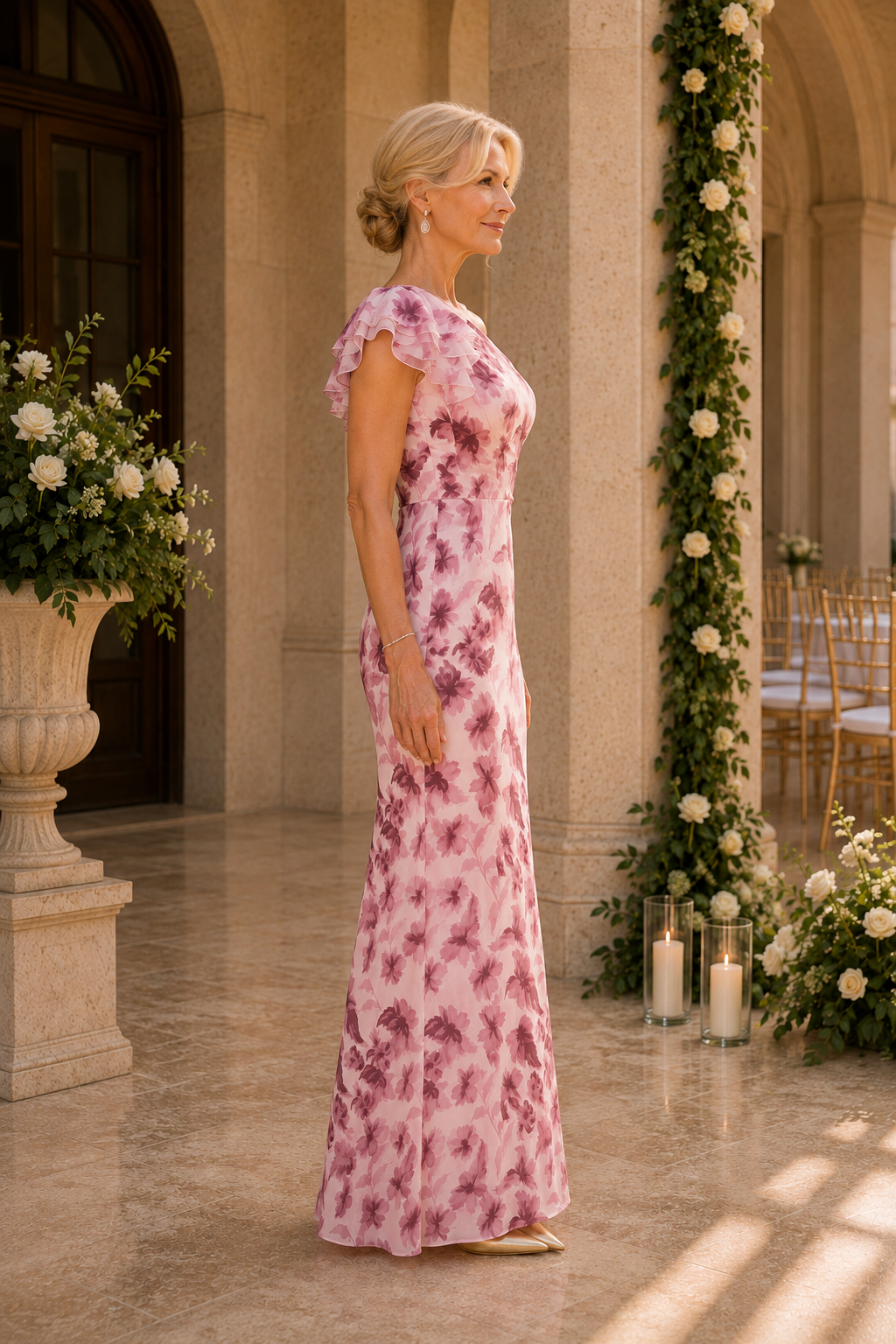 Maxivestido asimétrico con volantes y estampado floral