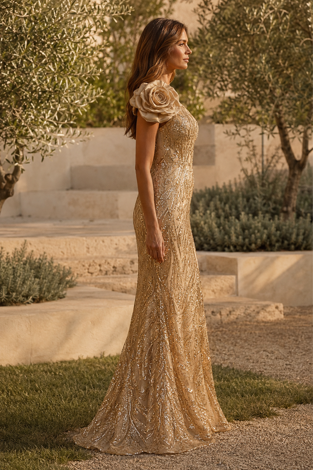 Vestido de noche sirena con lentejuelas florales y un solo hombro