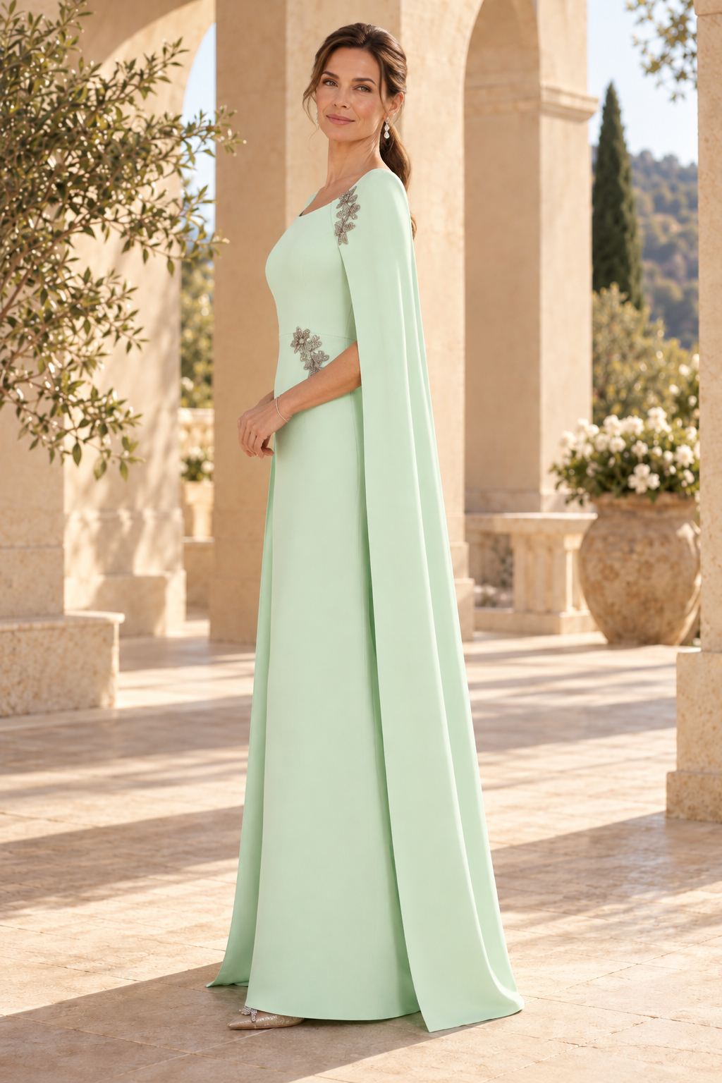 Floor-Length Cape Gown with Floral Appliques