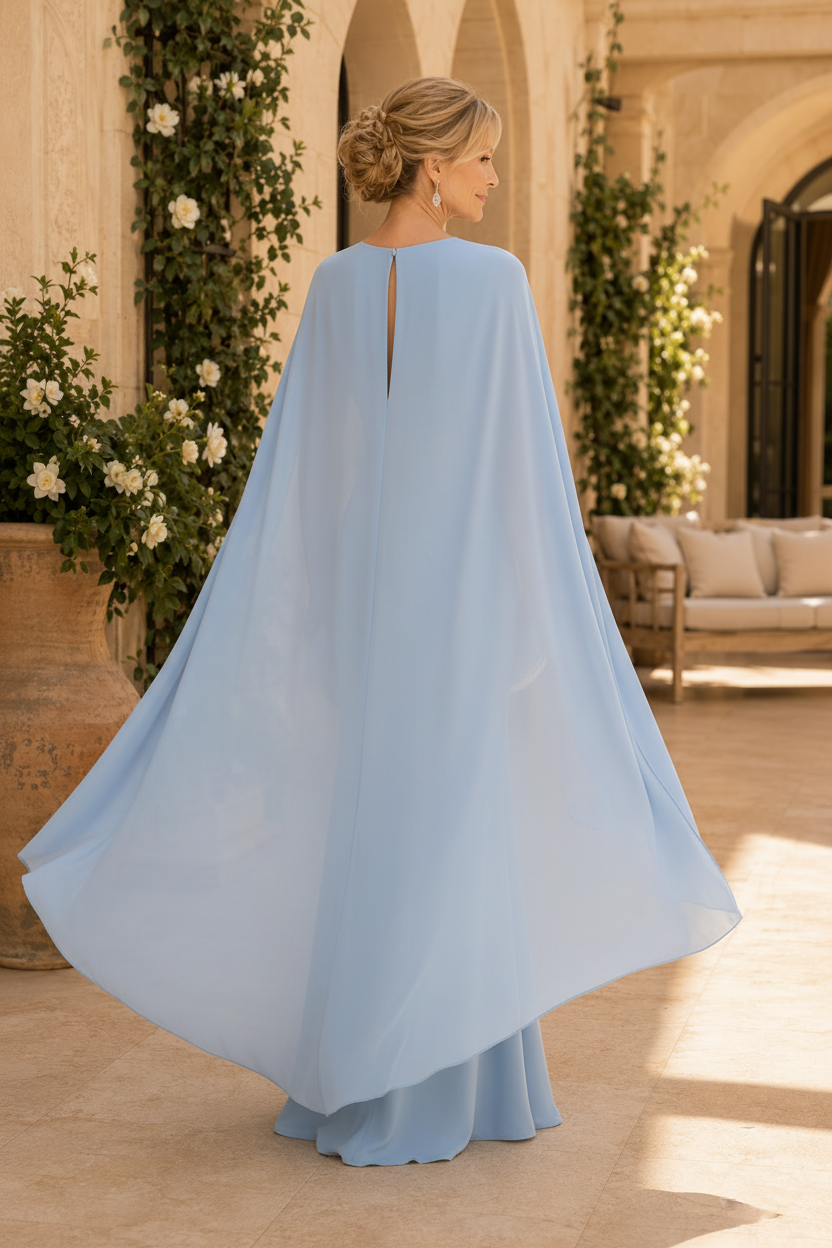 Vestido columna con abalorios y capa incorporada