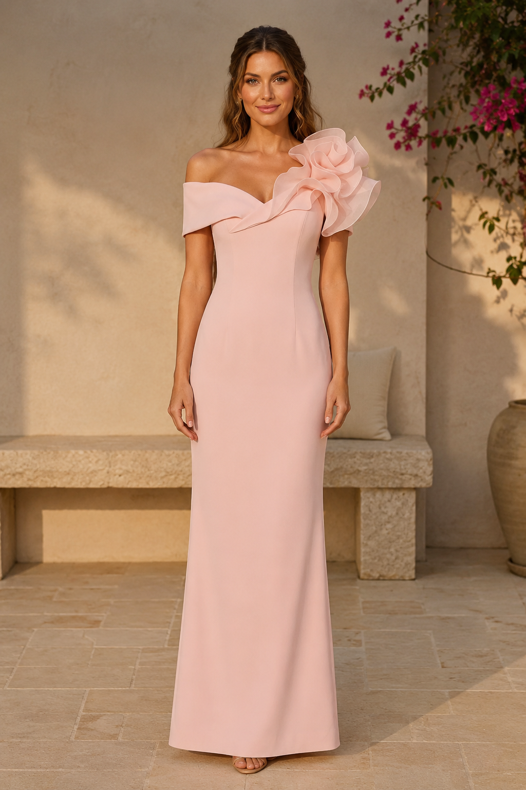Vestido entallado con hombros descubiertos y detalle de flor 3D en el hombro