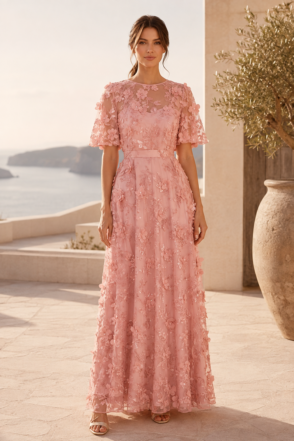 Vestido maxi con apliques florales en 3D y mangas con volantes