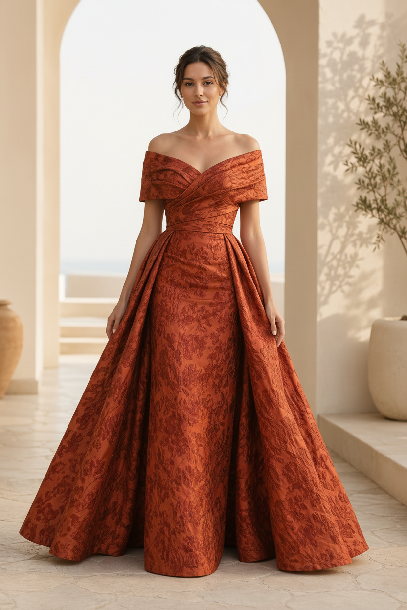 Vestido de jacquard con escote Bardot y falda en A, con corpiño plisado