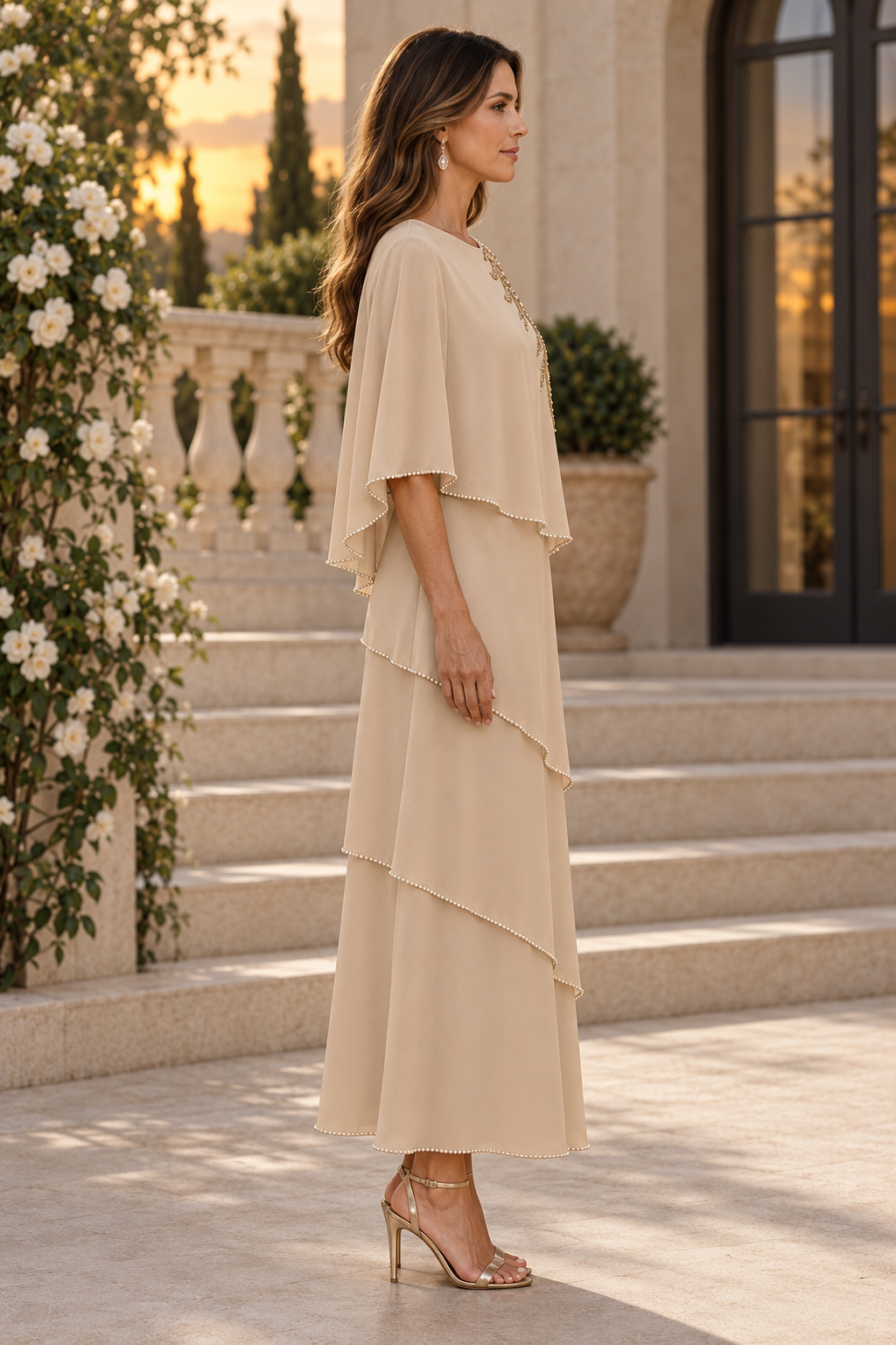 Vestido tipo capa escalonada con ribete de perlas