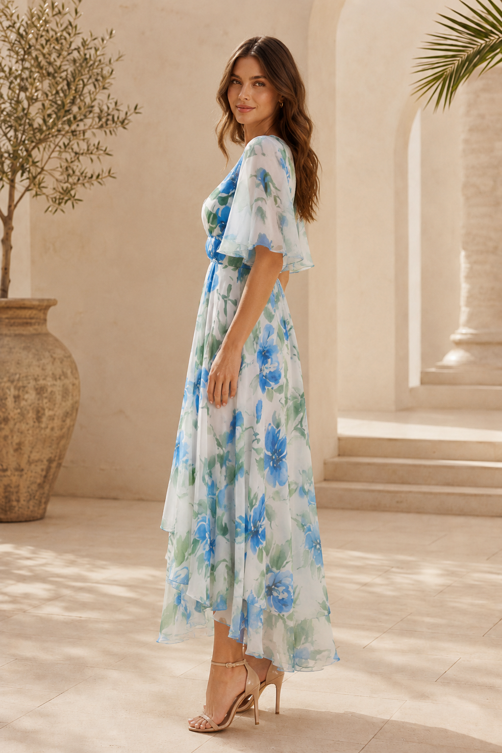 Vestido maxi floral con mangas de volante y bajo asimétrico