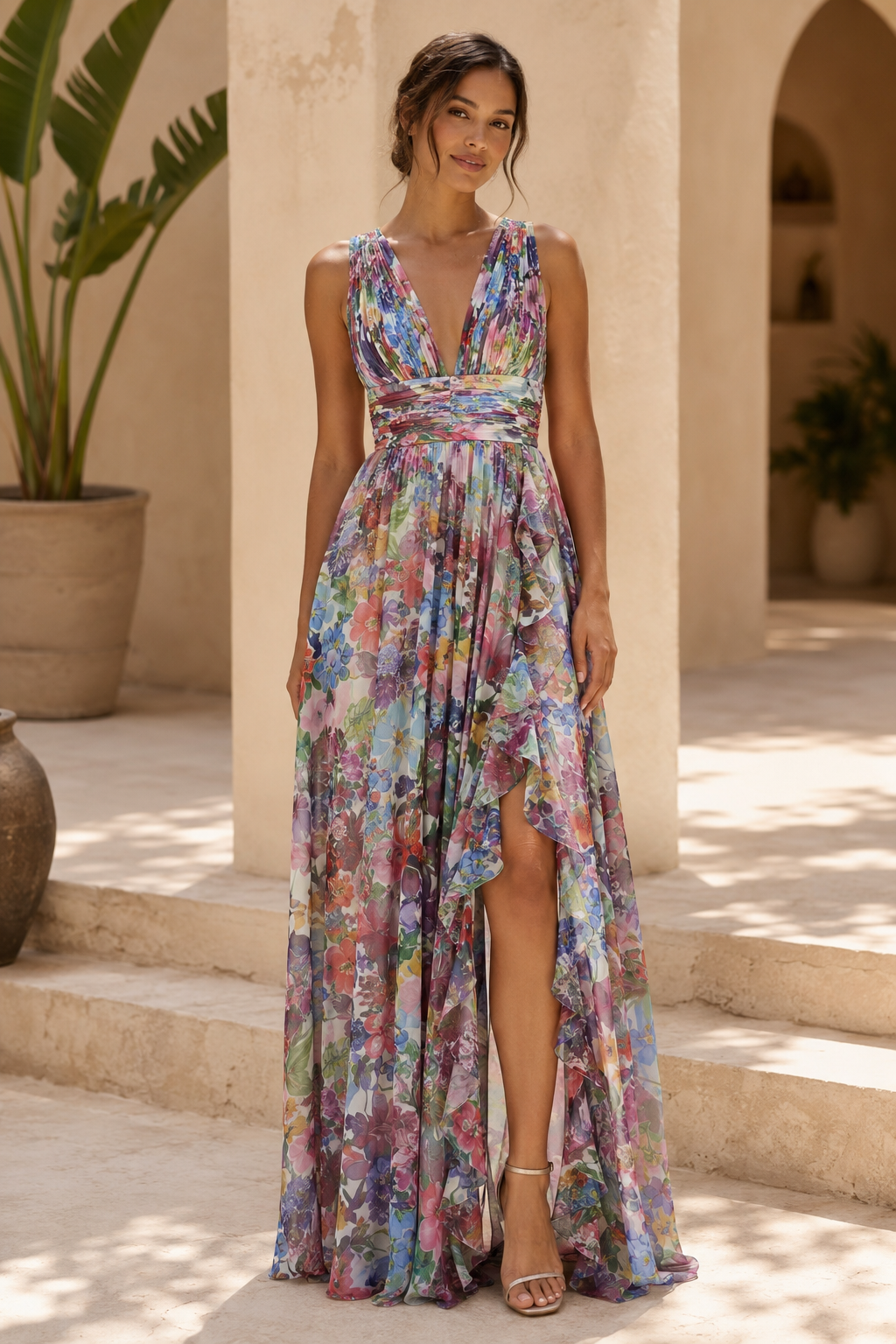 Vestido largo plisado con estampado floral y bajo asimétrico