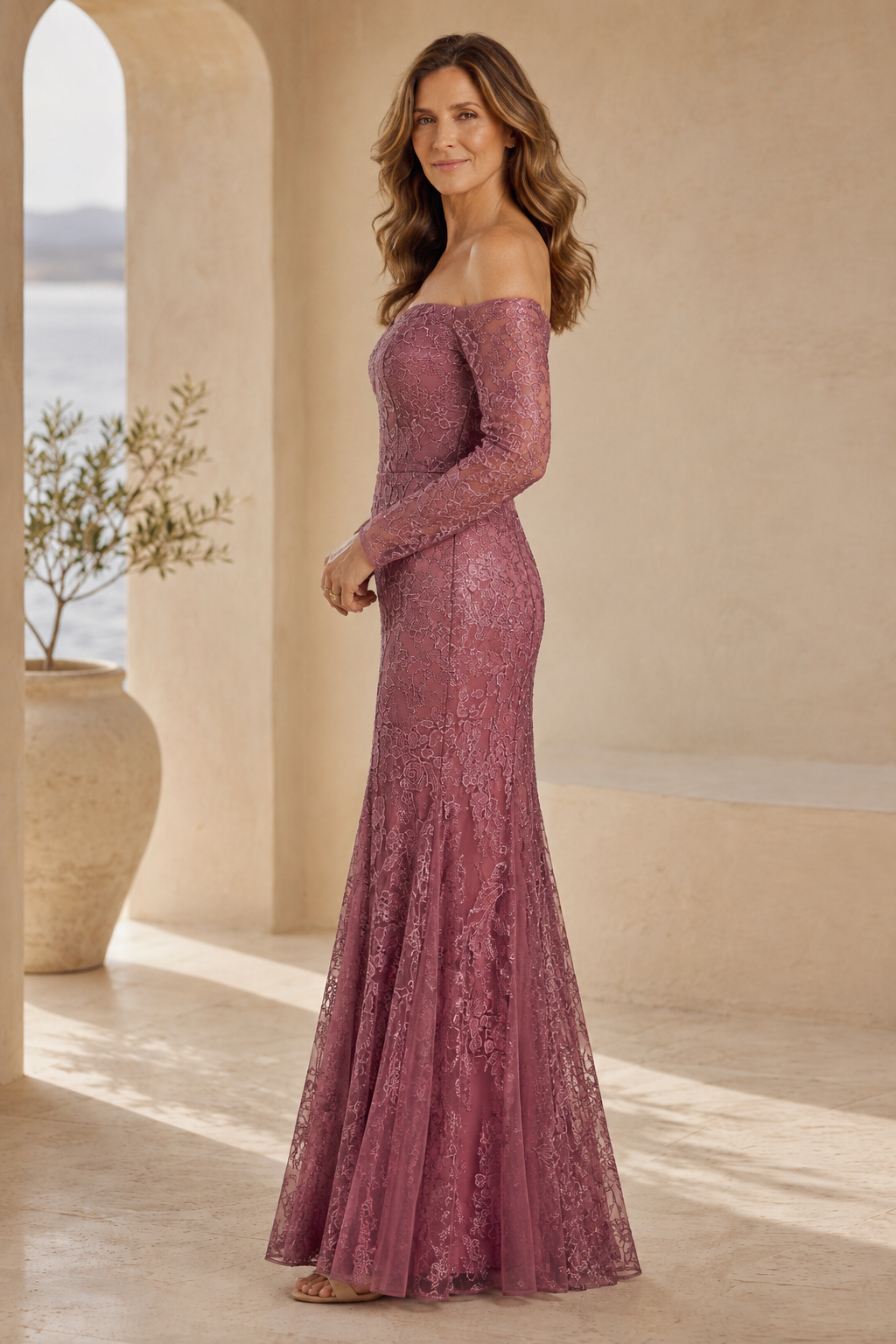 Vestido de Noche Largo de Encaje con Hombros Descubiertos y Manga Larga