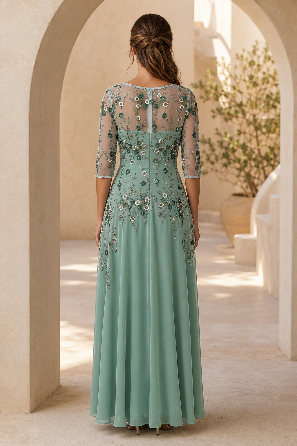 Vestido largo de corte A con bordado floral ilusión