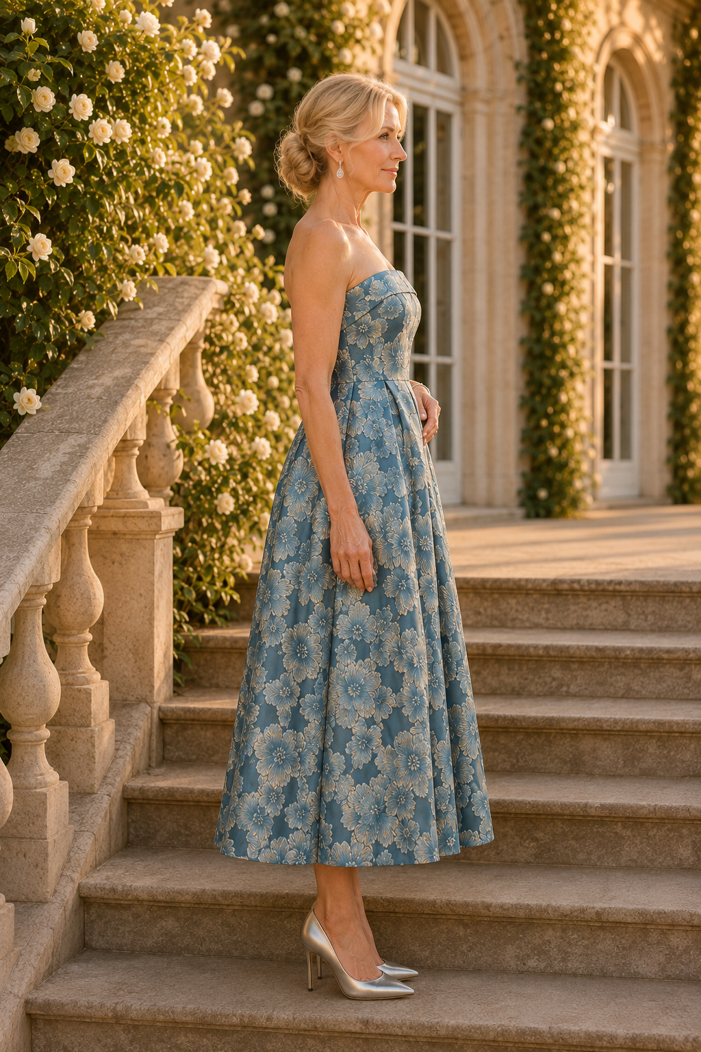 Vestido acampanado sin tirantes de jacquard floral hasta el tobillo