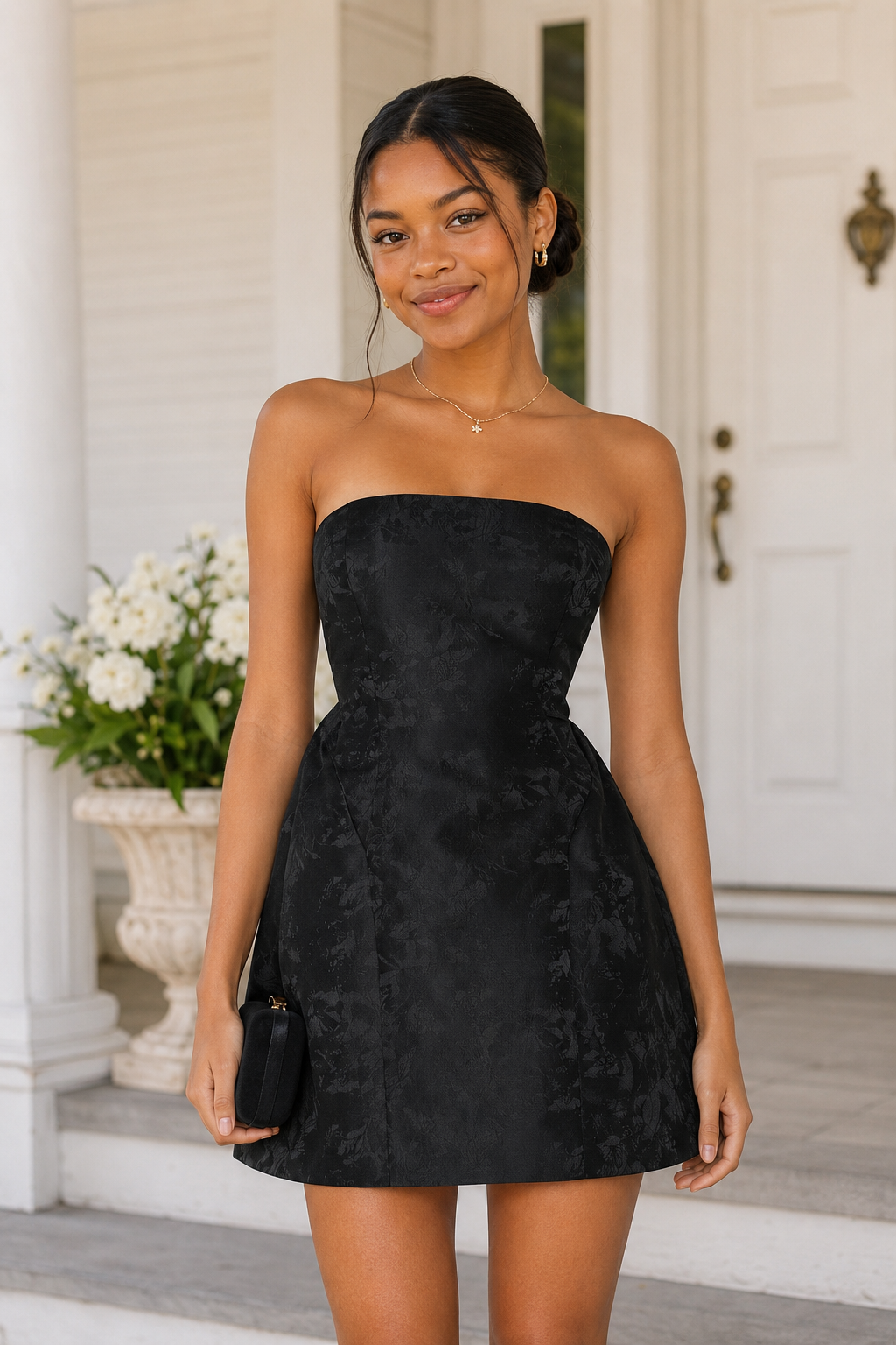 Minivestido jacquard sin tirantes con lazo en la espalda