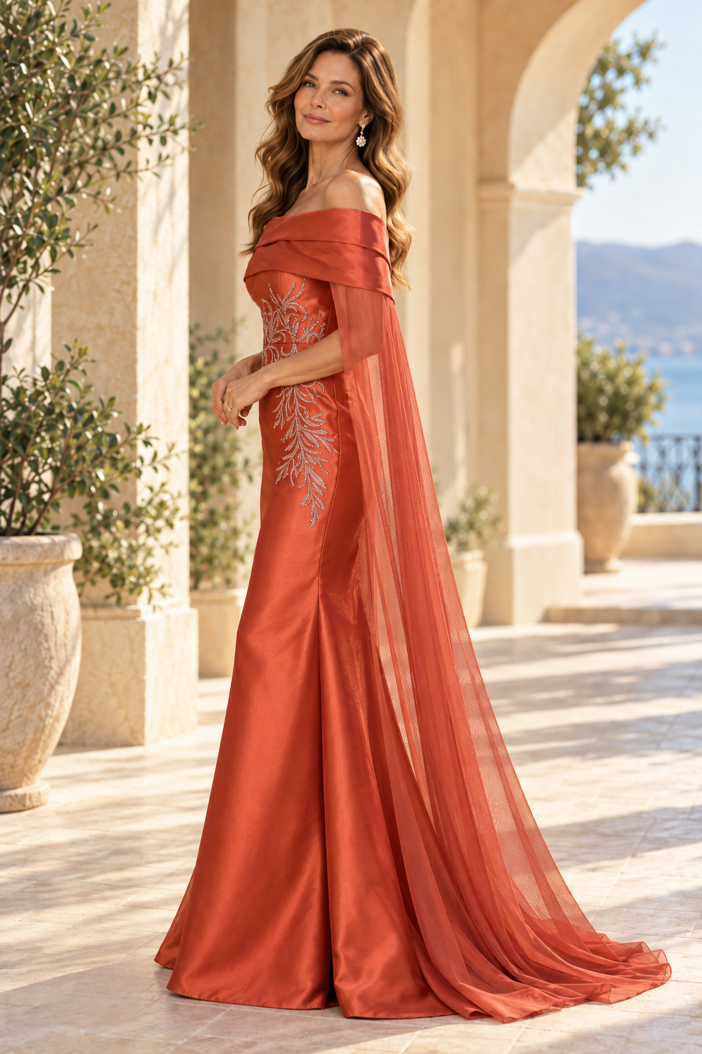 Off-Shoulder Mermaid Gown with Cape & Embroidery
