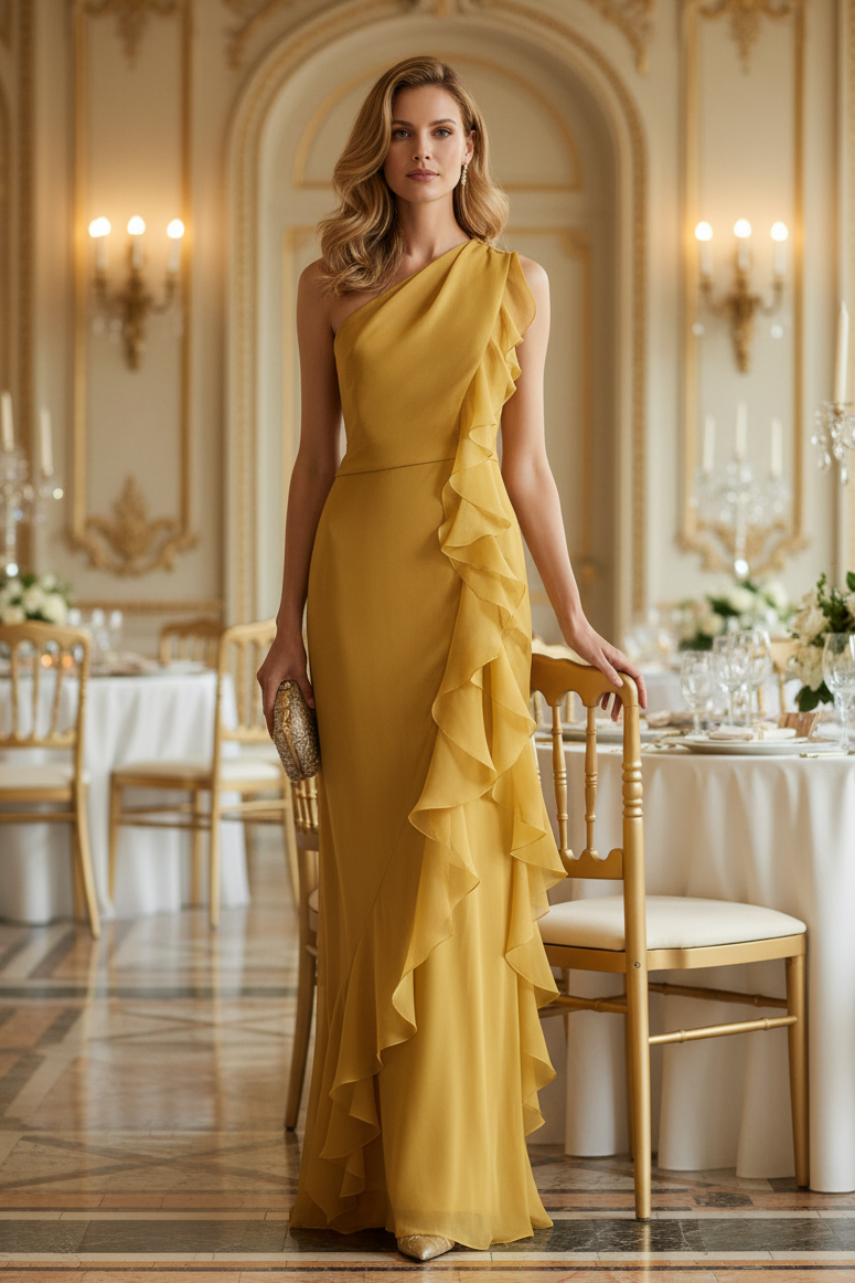 Vestido de Noche con Volantes en un Hombro y Abertura
