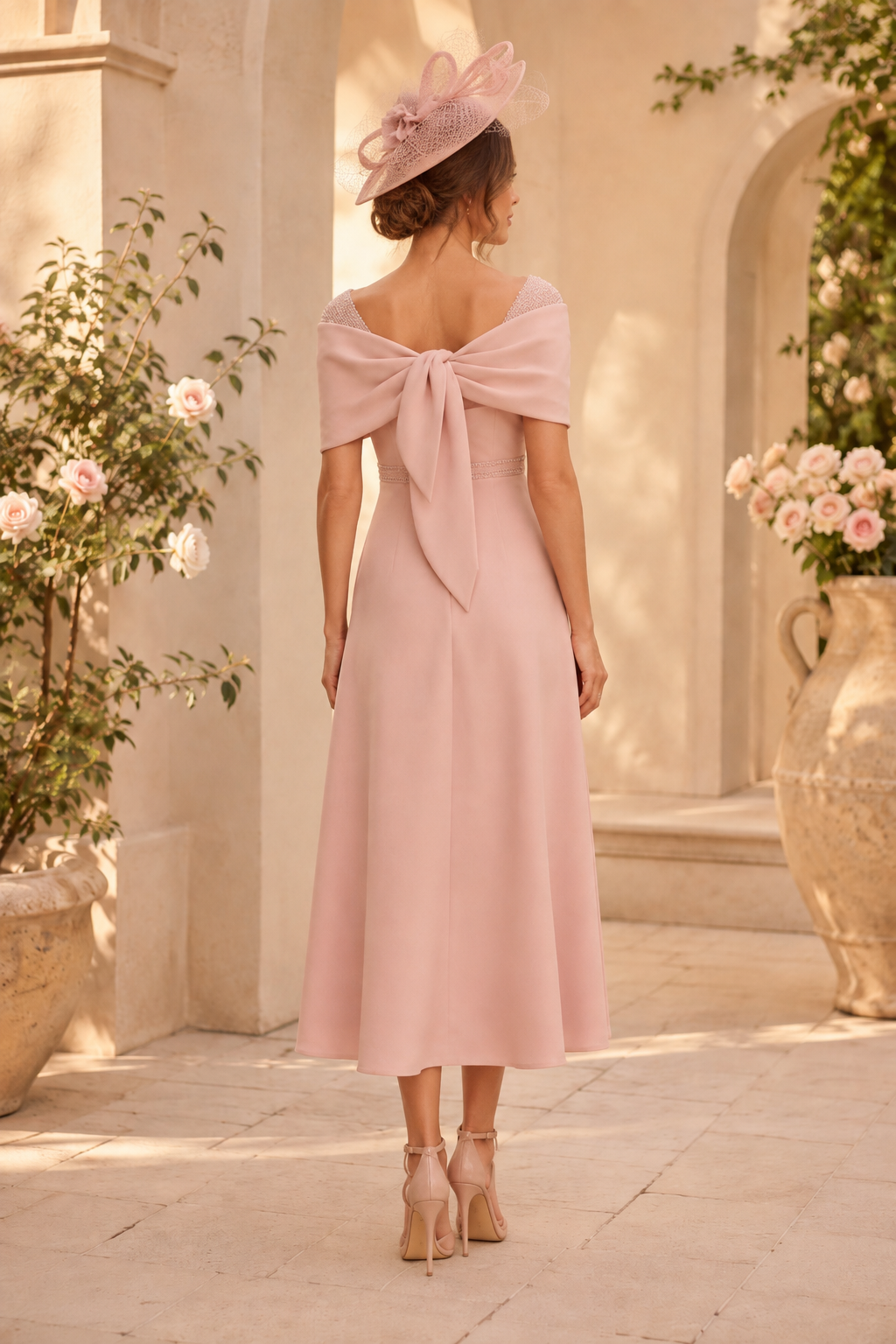 Vestido Midi con Escote Bardot y Detalle de Lazo en la Espalda