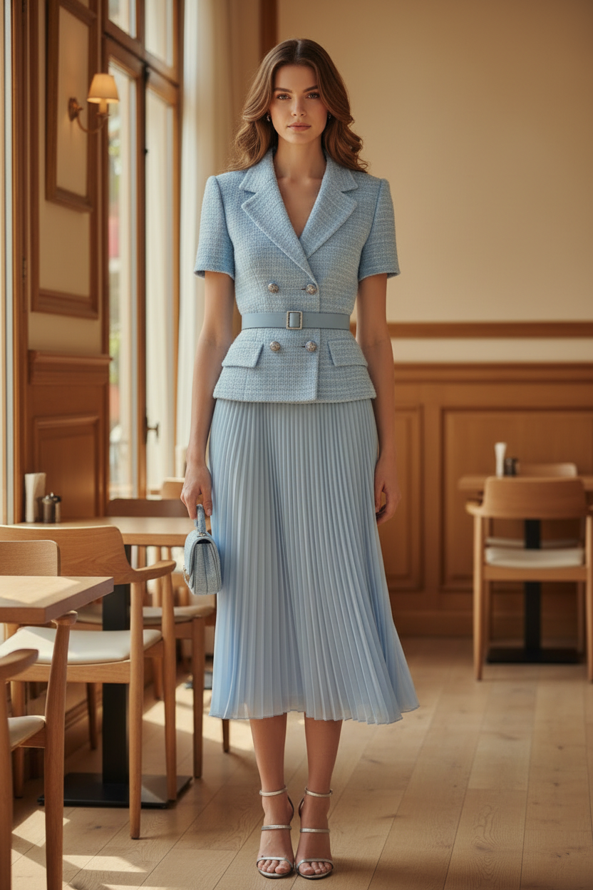 Conjunto de chaqueta entallada y falda midi plisada