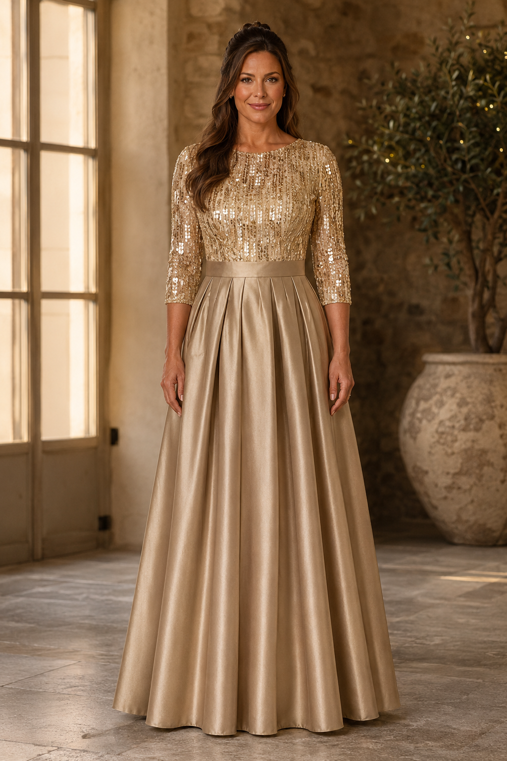 Vestido de Noche Acampanado con Cuerpo de Lentejuelas y Mangas 3/4