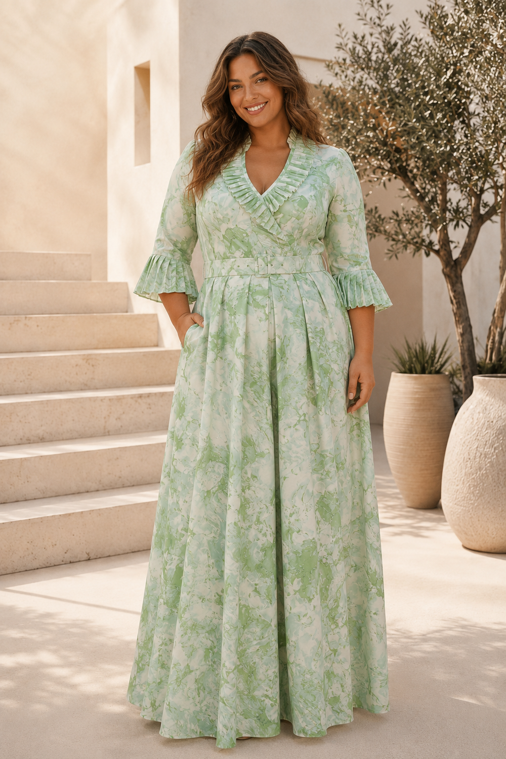 Vestido largo de corte A con volantes plisados y bolsillos