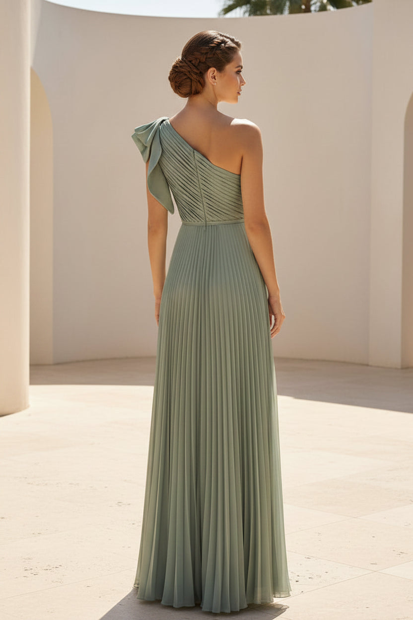 Vestido de noche formal de gasa plisado con un solo hombro
