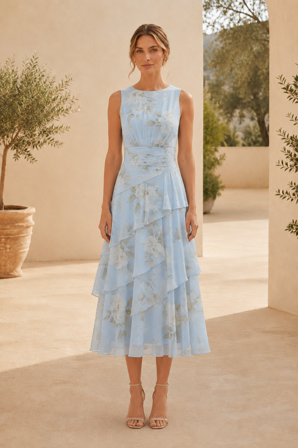 Vestido midi floral escalonado con chaqueta de manga tres cuartos
