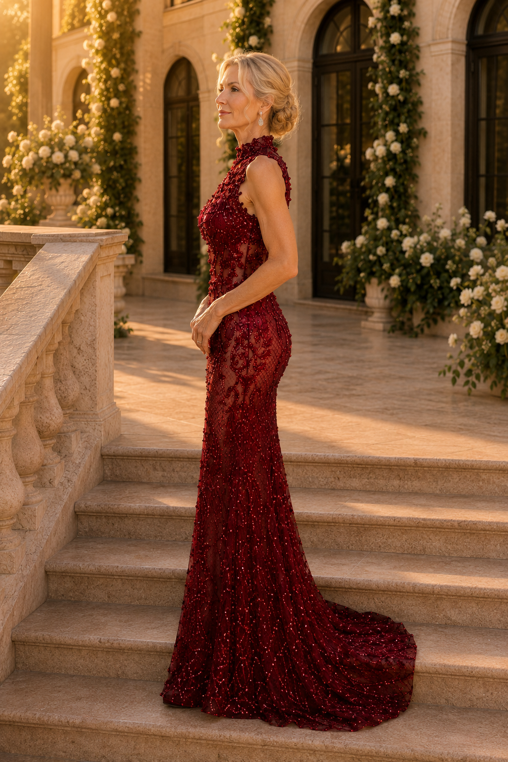 Vestido de noche estilo sirena de encaje con lentejuelas y cuello alto