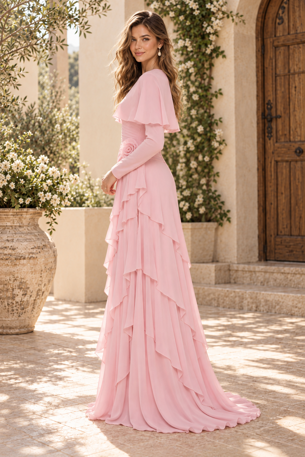 Tiered Chiffon Cape Sleeve Evening Dress