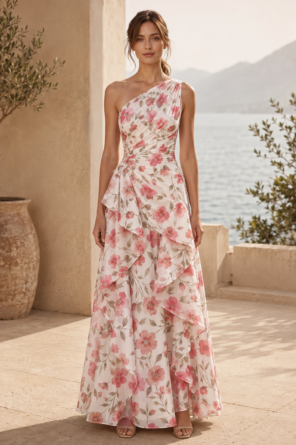 Vestido maxi floral con volantes en cascada y un solo hombro
