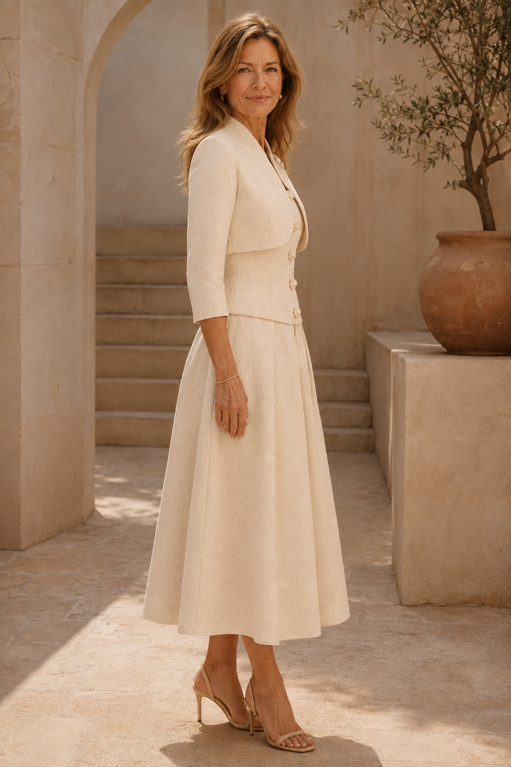 Conjunto de dos piezas de vestido midi acampanado y chaqueta corta