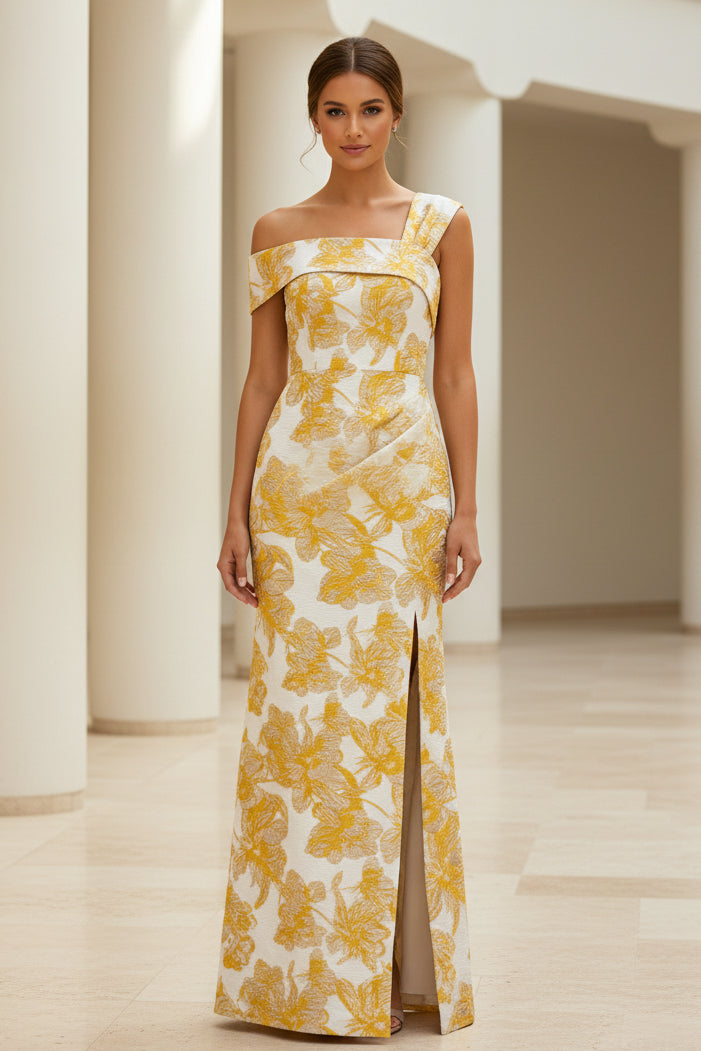 Vestido de noche largo jacquard floral con abertura y un solo hombro