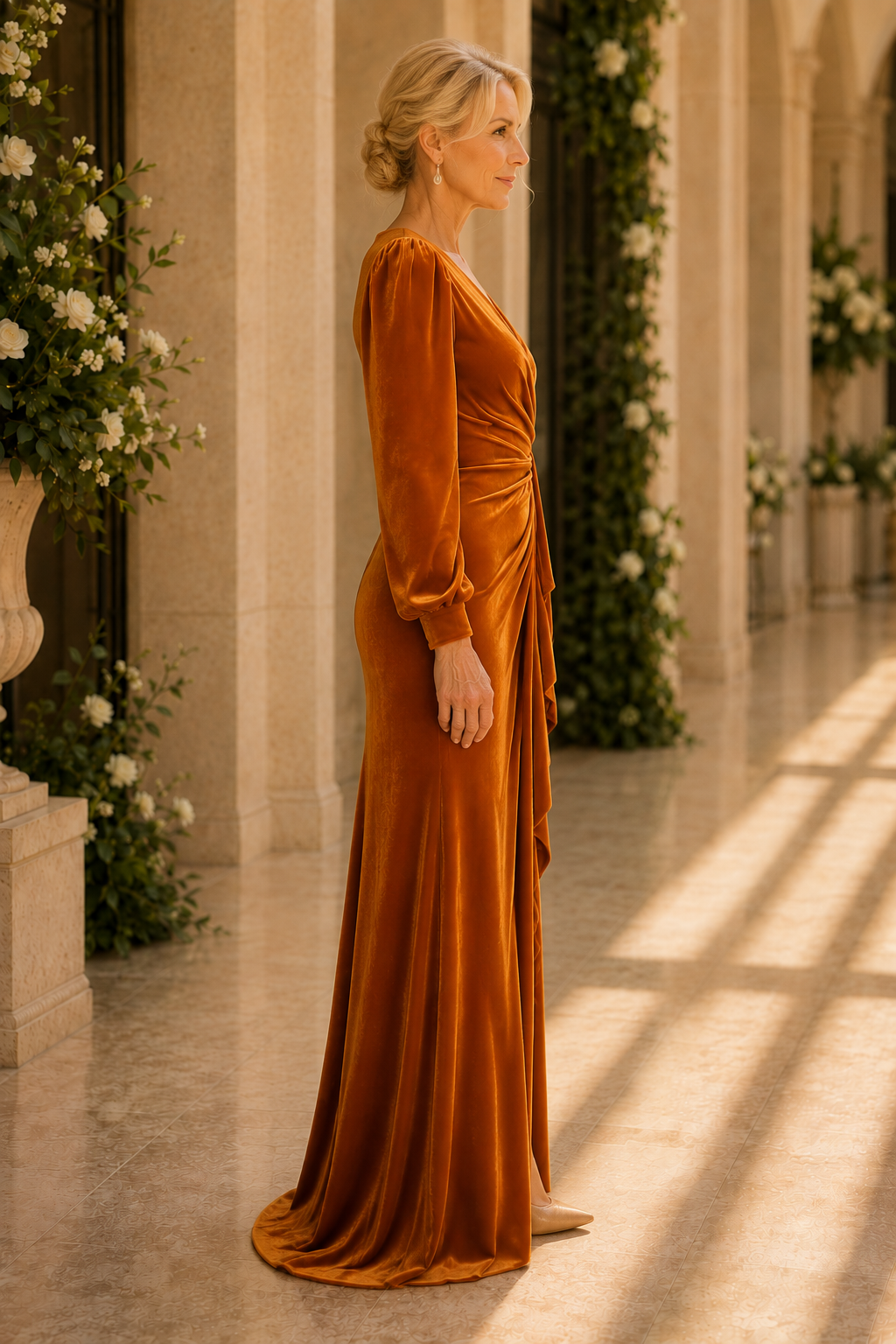 Maxivestido cruzado de terciopelo con abertura alta y volantes