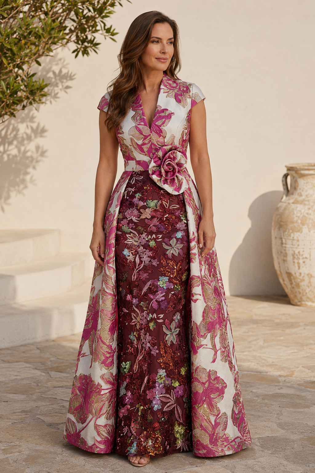 Vestido de jacquard floral con vaina bordada y sobrefalda