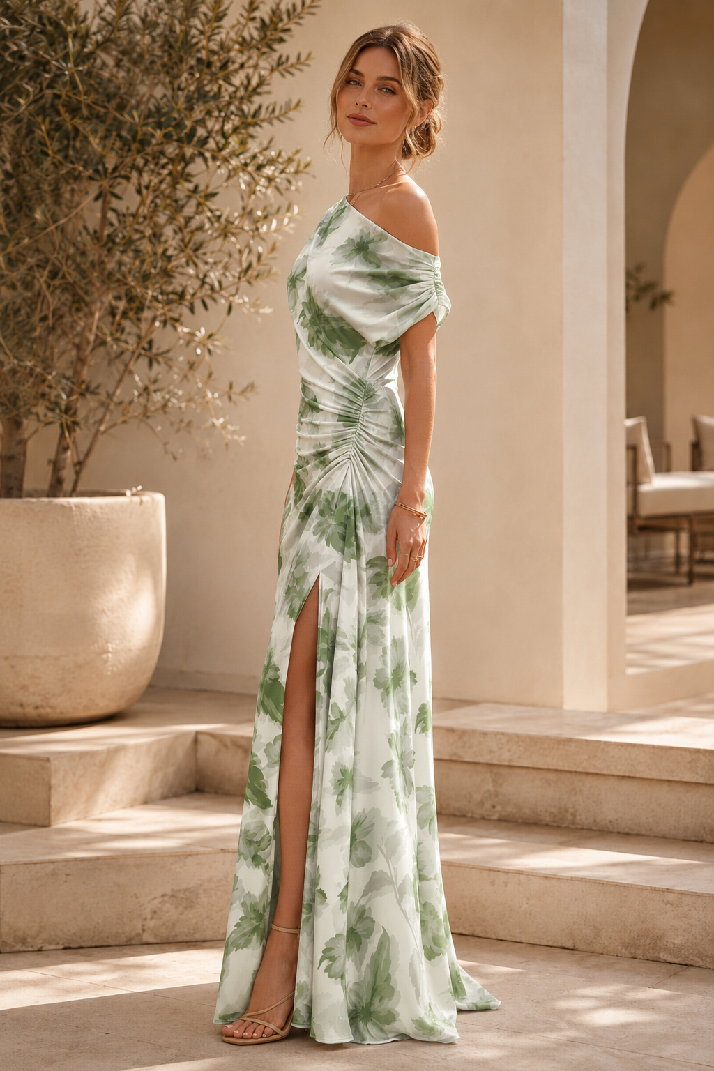 Vestido maxi floral fruncido asimétrico con abertura