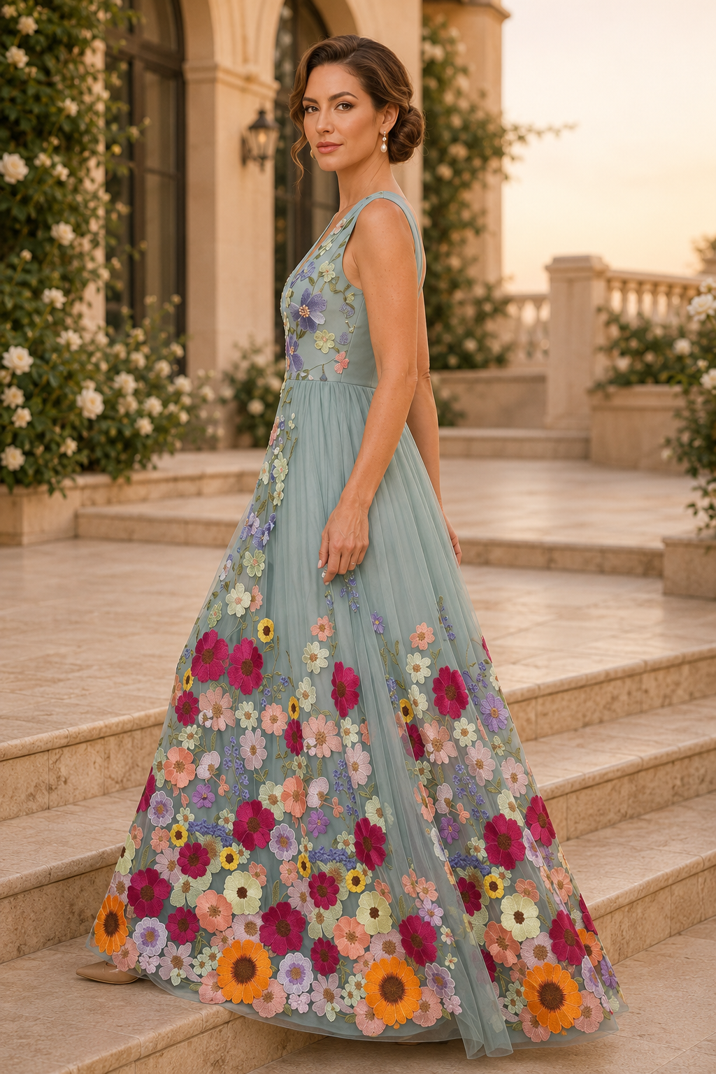 Vestido de noche de tul con escote en V y aplique floral 3D