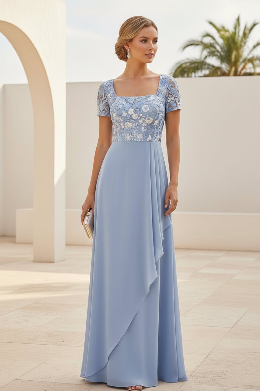 Vestido de fiesta formal de gasa con escote cuadrado y corpiño de encaje en línea A