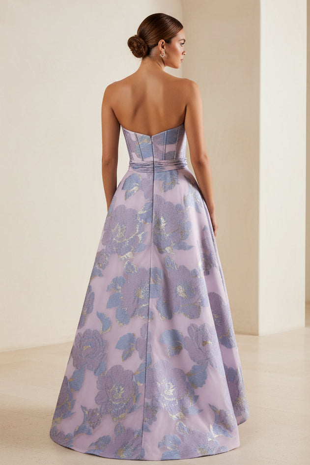 Vestido largo jacquard palabra de honor escote corazón con bajo asimétrico