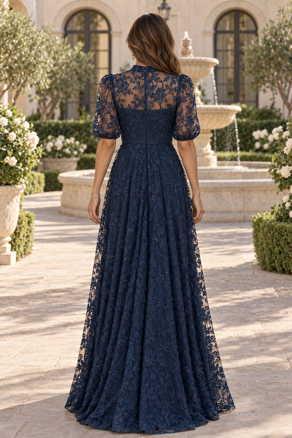 Vestido de Noche Acampanado de Encaje Floral con Mangas Tres Cuartos