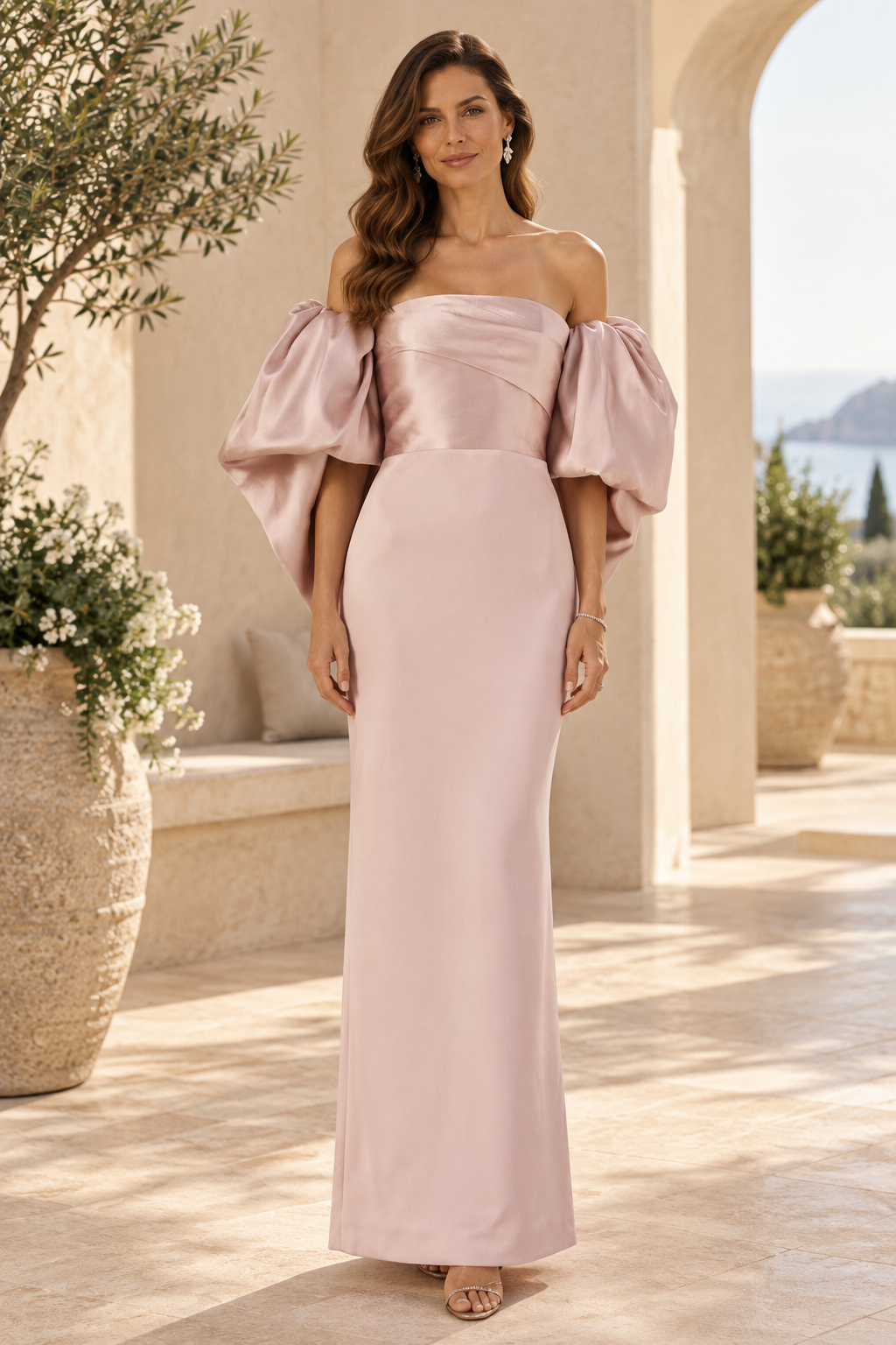 Off-the-Shoulder Puff Sleeve Column Evening Gown