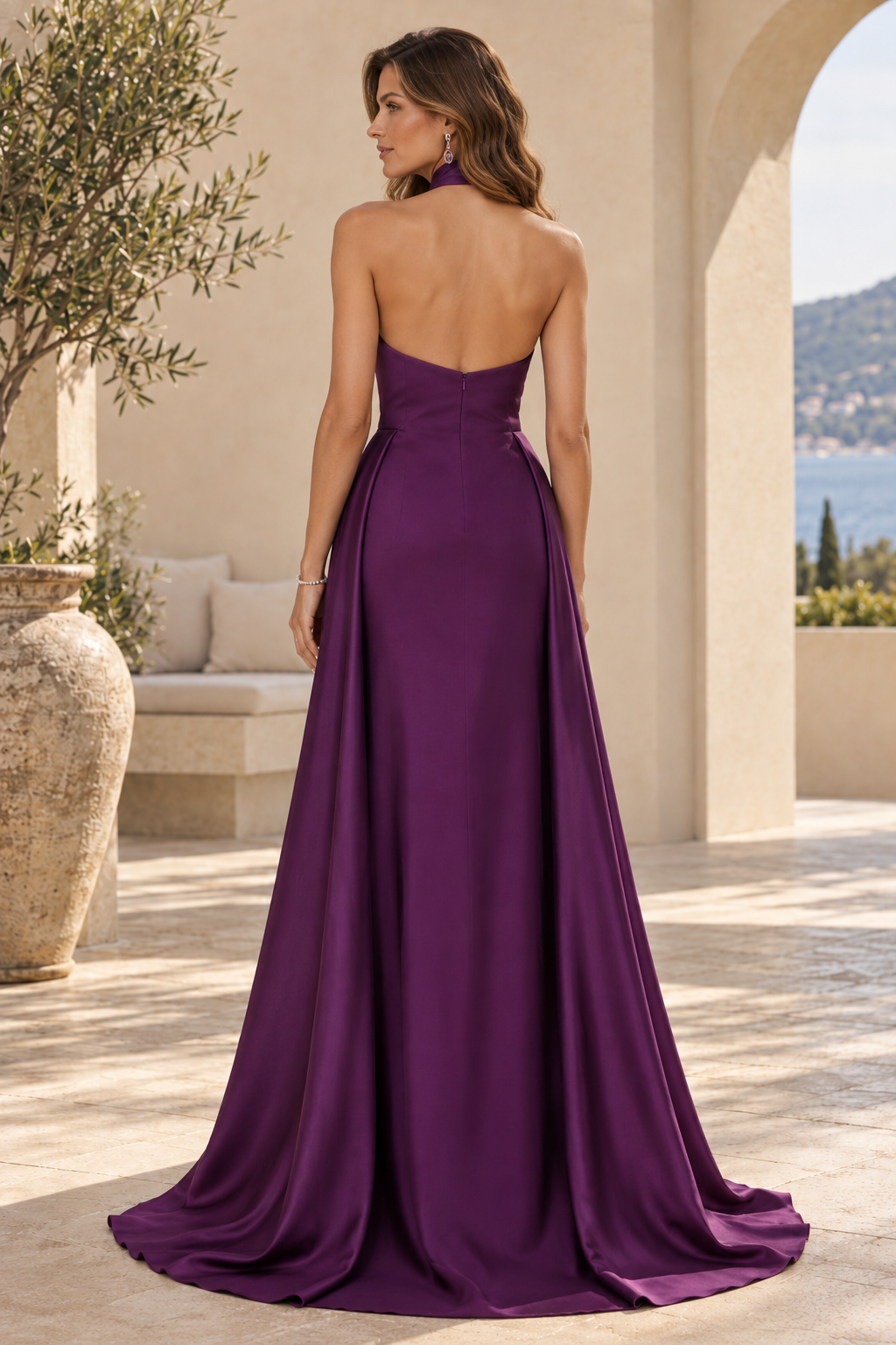 Cross Halter Neck Evening Gown with Overskirt