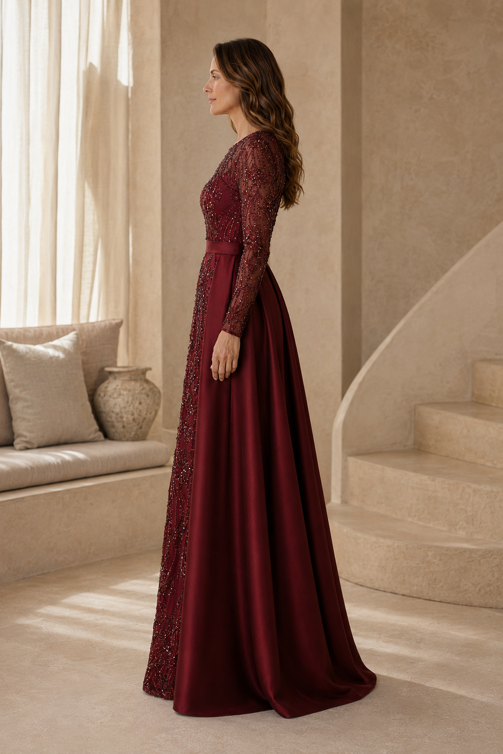 Vestido largo de manga larga con cuentas y sobrefalda de satén