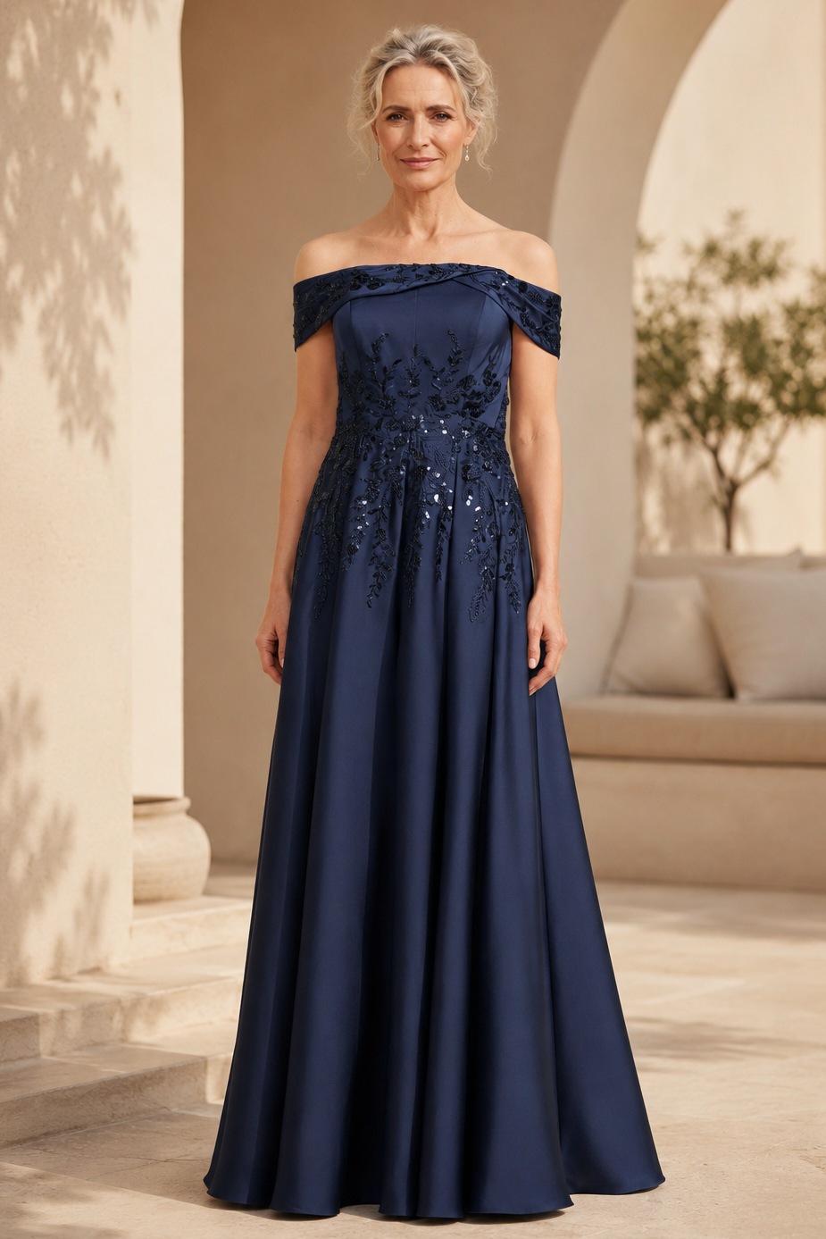 Vestido de Noche Acampanado con Aplicación de Lentejuelas y Hombros Descubiertos