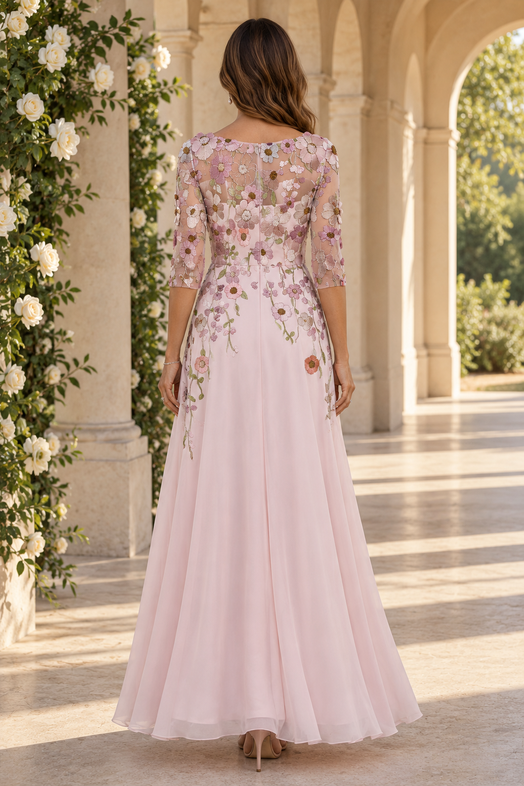 Vestido maxi de tul con apliques florales