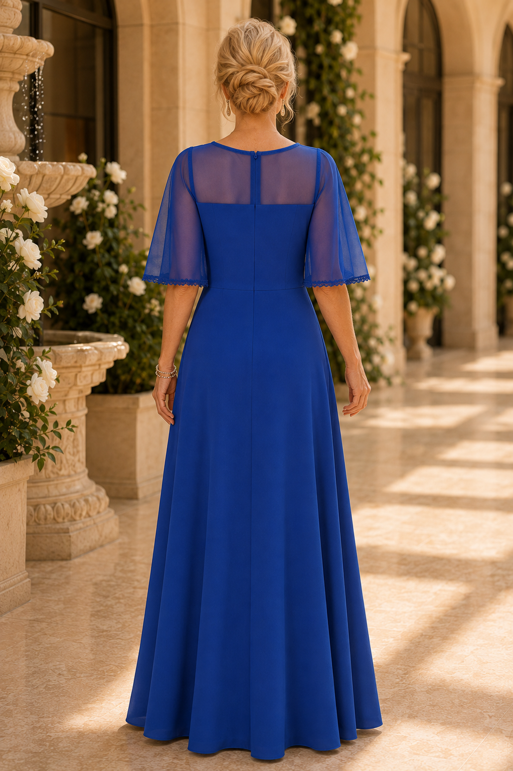 Vestido ilusión floral bordado con mangas de mariposa