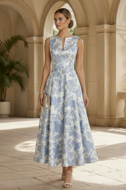 Vestido acampanado largo tobillero de jacquard floral