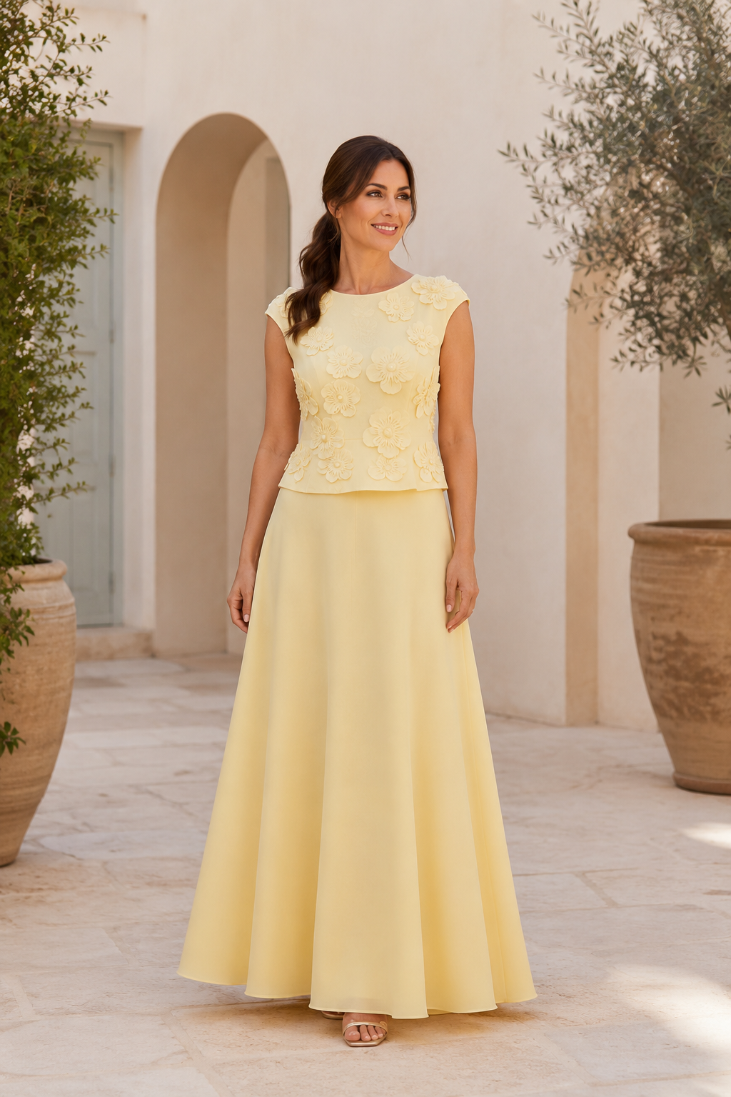 Vestido de noche de dos piezas con corte en A y top floral 3D