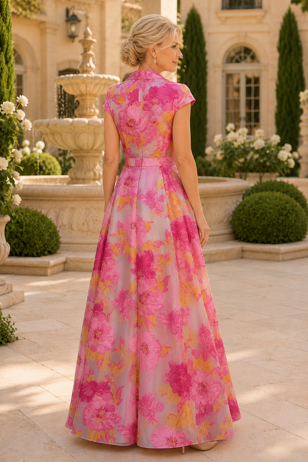 Vestido de noche acampanado con cuello y escote en V floral