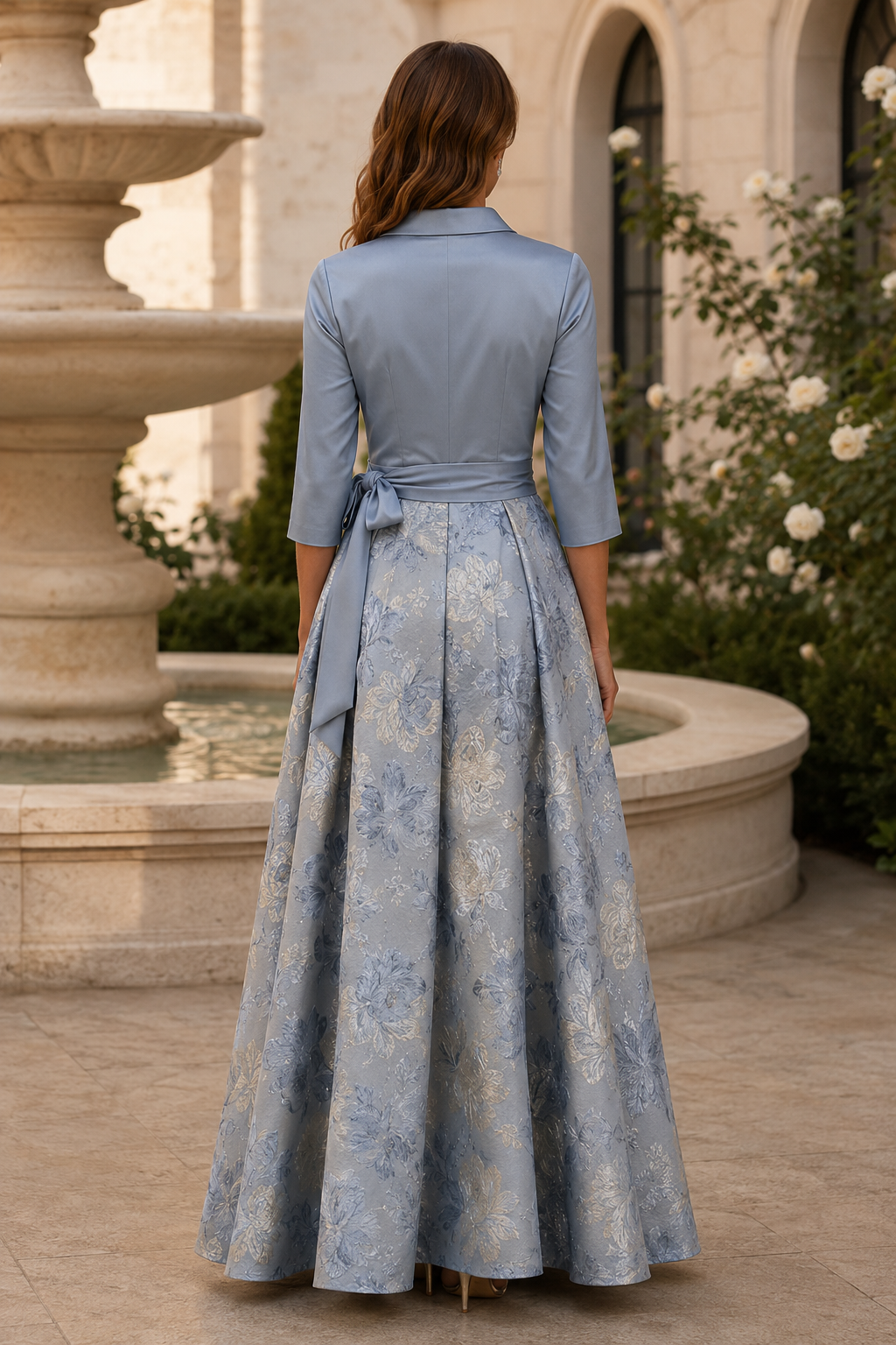 Vestido de Noche Acampanado de Brocado Floral con Cuello