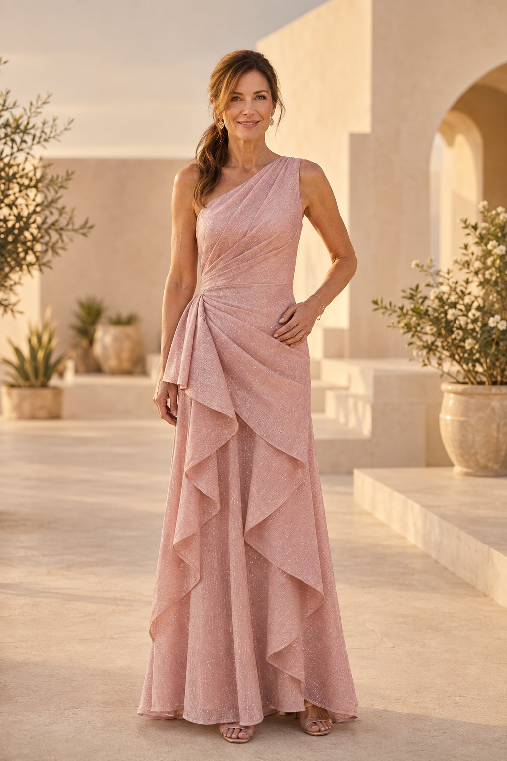 Vestido largo asimétrico brillante con volante lateral