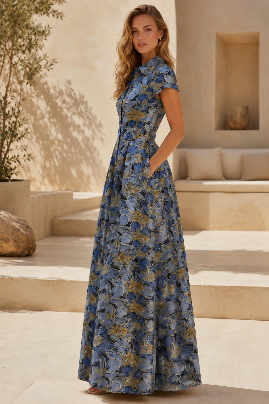Vestido maxi de manga corta con cuello y estampado floral, con bolsillos